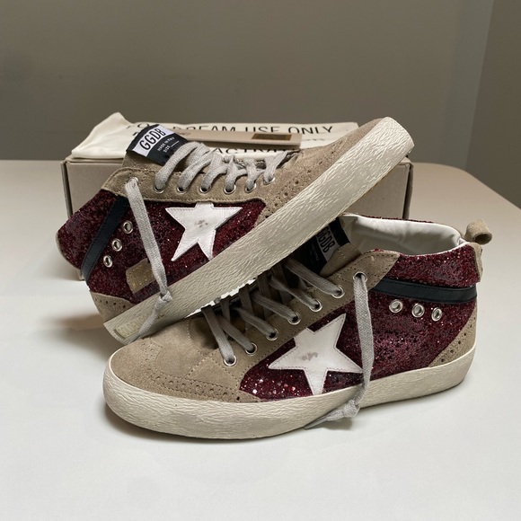 Golden Goose Mid Star Sneaker in Burgundy Glitter/Gray Suede sz 40 New in Box - Picture 11 of 13